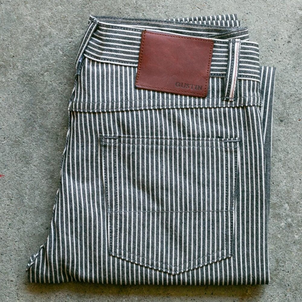Gustin Men Jeans Slim Black and White Pinstripe with Brown Leather Patch